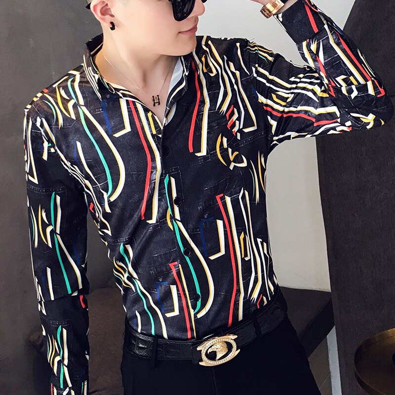 Colorful Thread Print Long Sleeve Slim Fit Casual Style Men Shirts