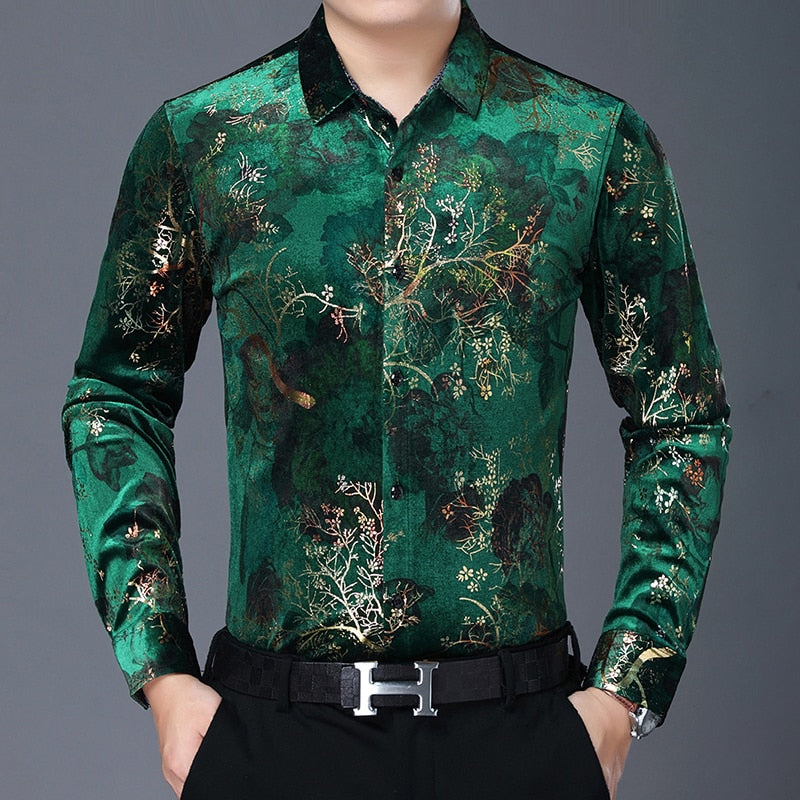 Branches Decorated Green Velvet Long Sleeve Shirt