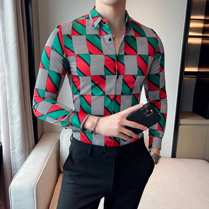 Christmas Color Plaid Printed Long Sleeve Shirt