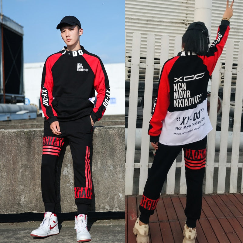 Casual Hi Neck Streetwear Patch Hip Hop Style Men Sweatshirt and Pant