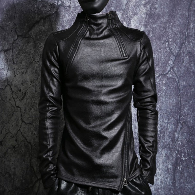 Black Stand Collar  Gothic Slim Fit Punk Men Faux Leather Jacket