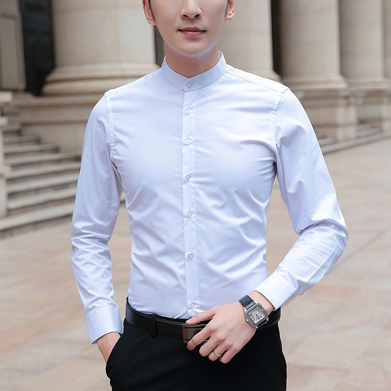 Mandarin Collar Cotton Solid Shirt