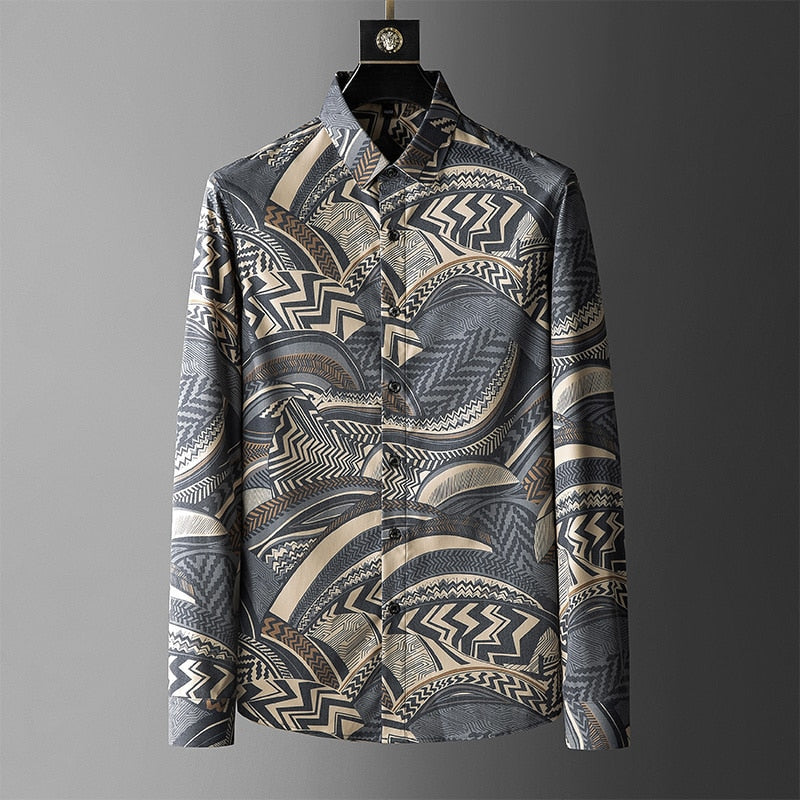 Gray Abstract Banquet Printed Long Sleeve Shirt