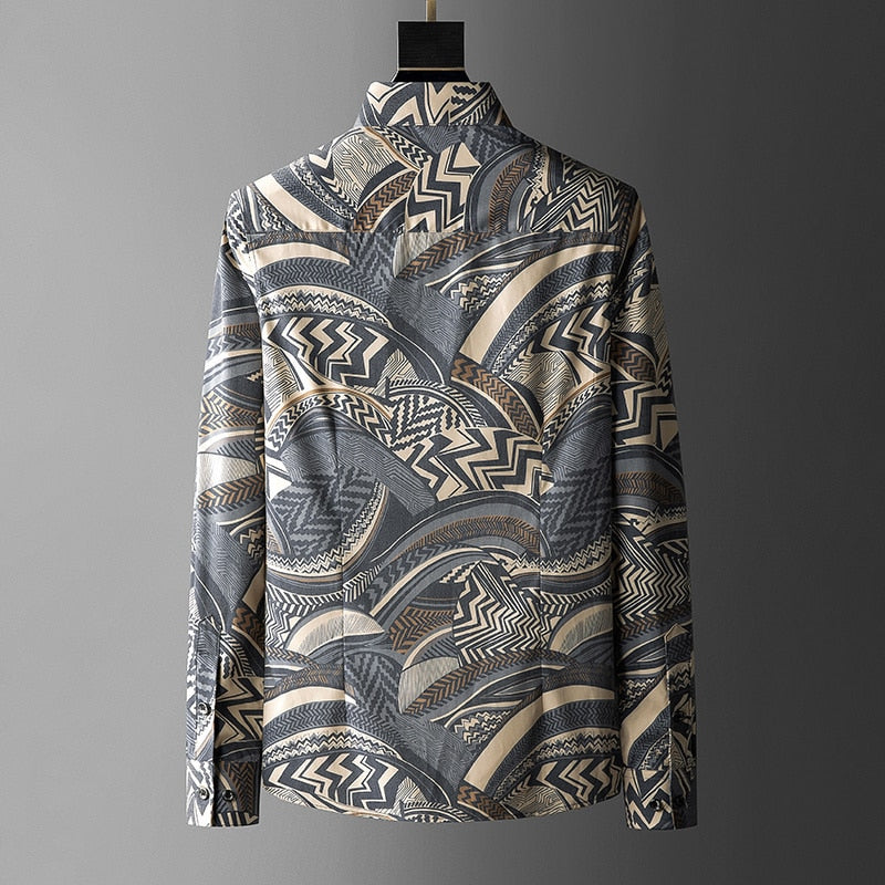 Gray Abstract Banquet Printed Long Sleeve Shirt