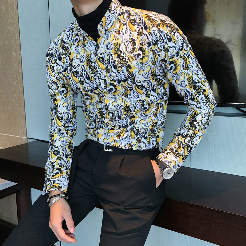 Full Contrast Baroque Pattern Men Long Sleeves Shirt