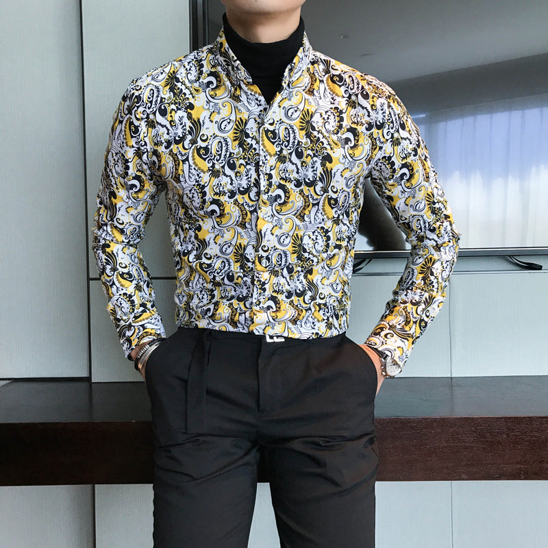 Full Contrast Baroque Pattern Men Long Sleeves Shirt