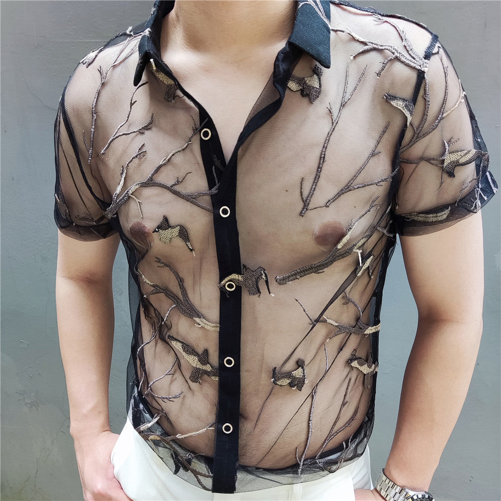 Black Embroidery Tree Bird Pattern Shirt