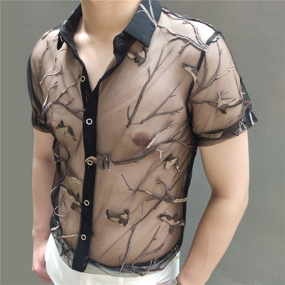 Black Embroidery Tree Bird Pattern Shirt