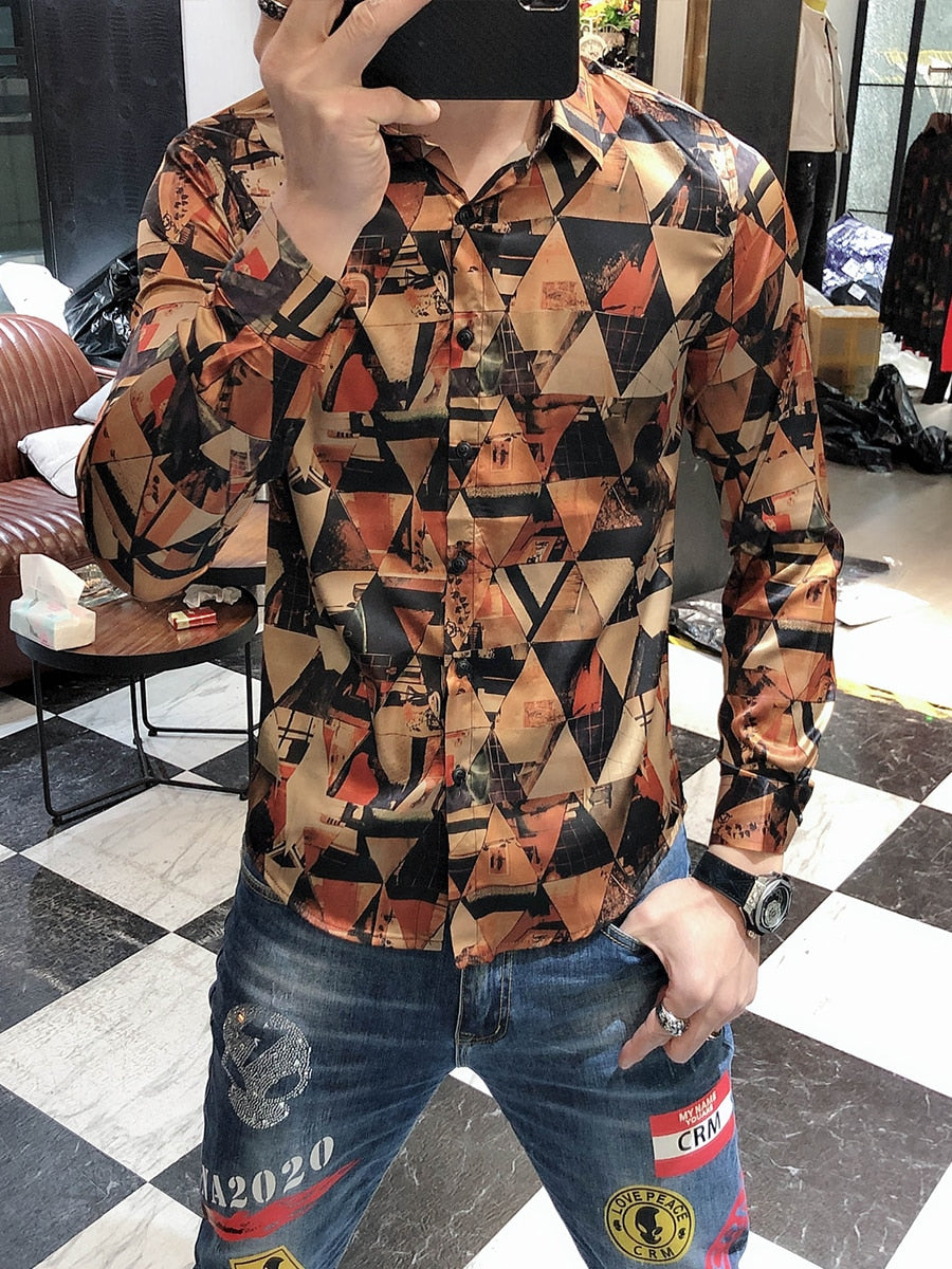 Vintage Diamond Pattern Long Sleeve Shirt