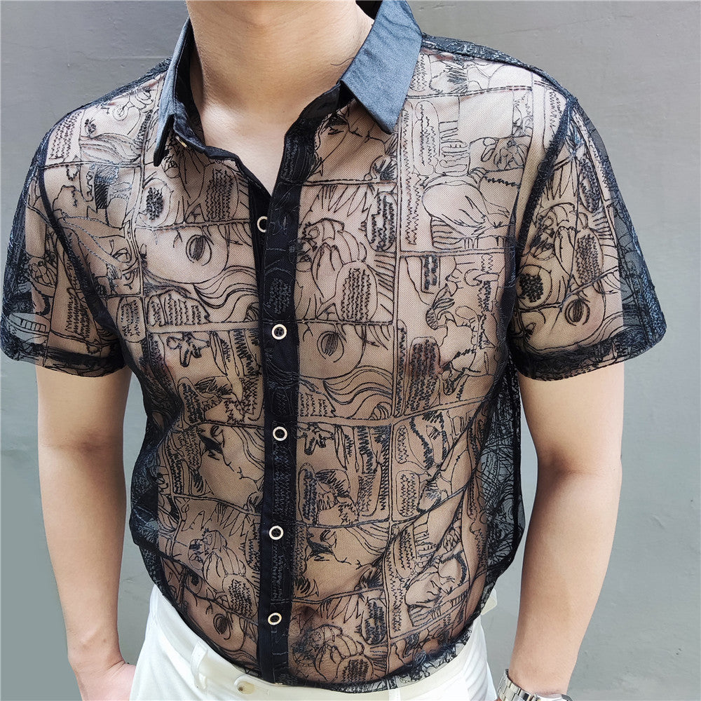 Comic Black Lace Embroidery Shirt