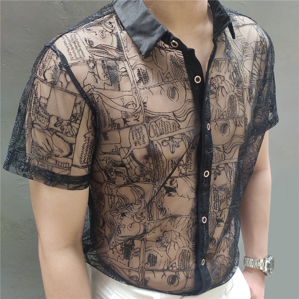 Comic Black Lace Embroidery Shirt