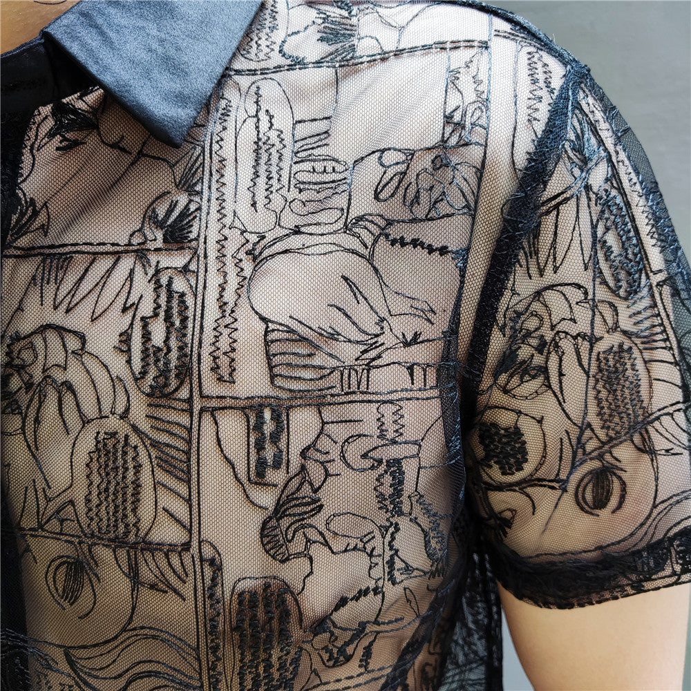 Comic Black Lace Embroidery Shirt