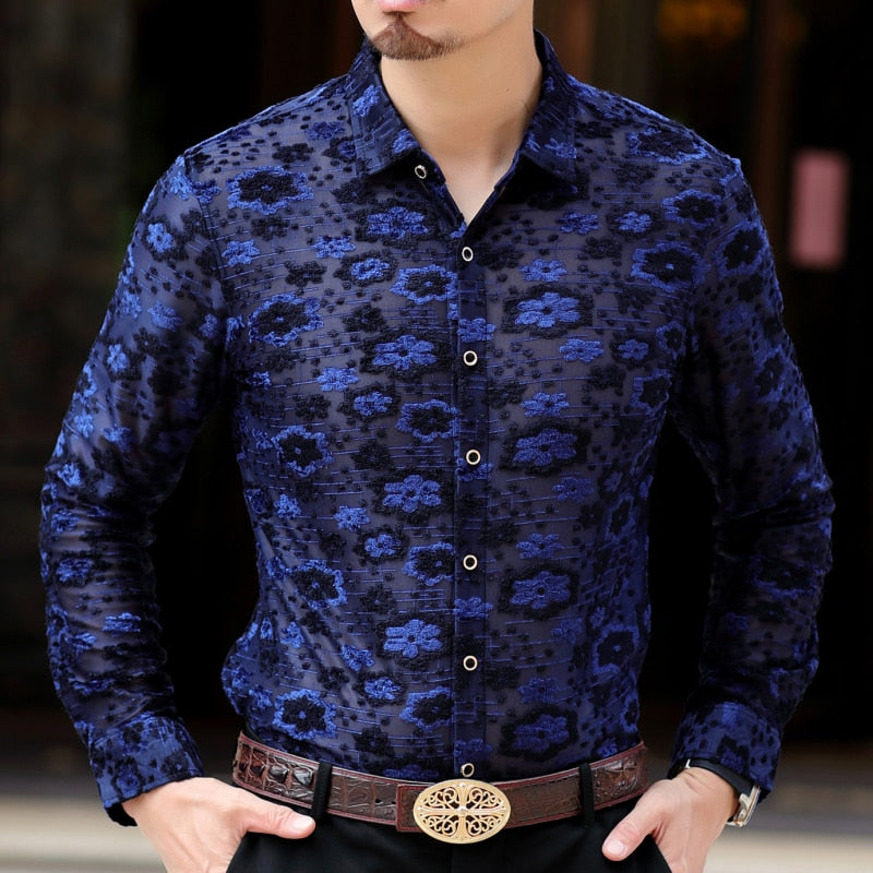 Sexy See Through Black Navy Blooming Men Long Sleeve Shirt