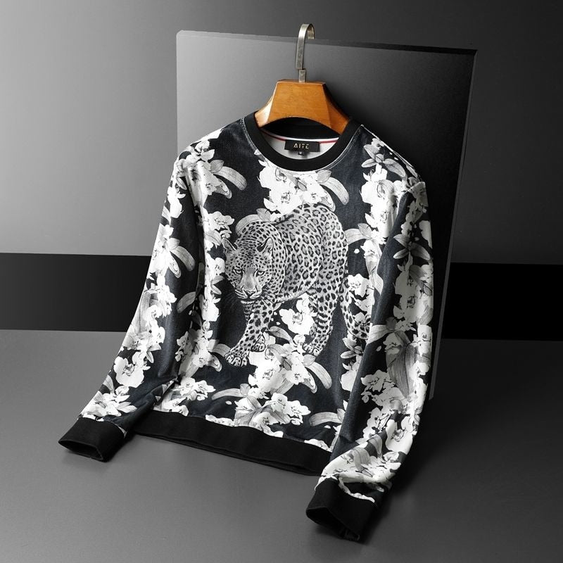 Black And White Leopard and Floral Printed Sweatshirt