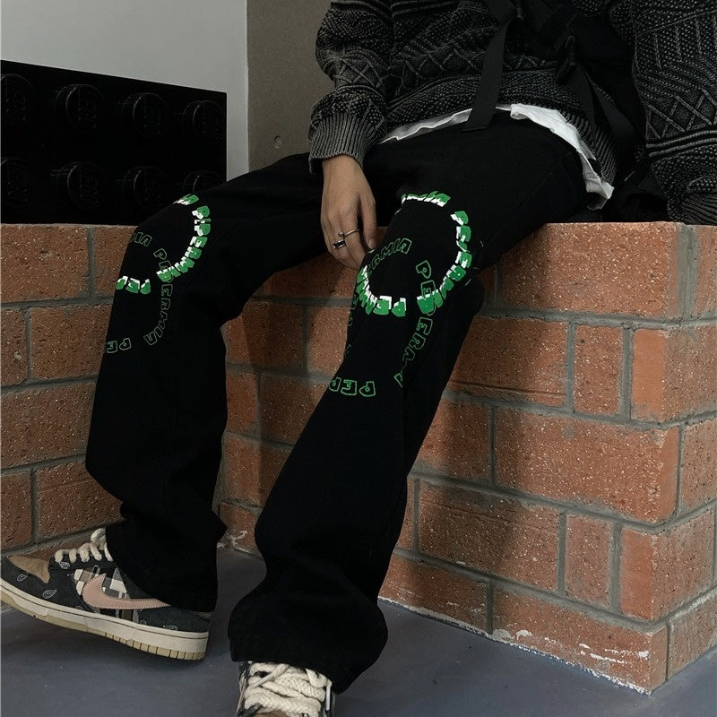 Green Printed Decoration Black Loose Jeans