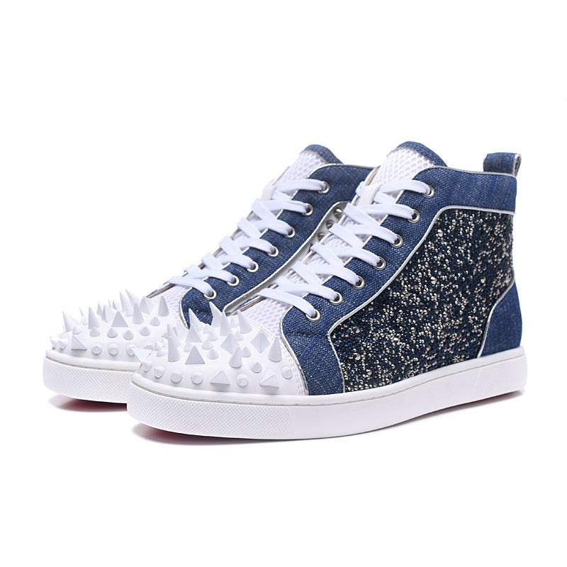 High Top Blue White Spike Toe Lace Up Casual Style Men Sneaker