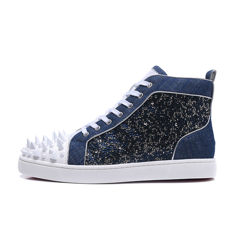 High Top Blue White Spike Toe Lace Up Casual Style Men Sneaker