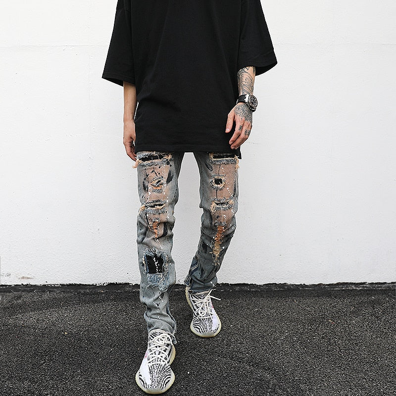 Blue Paint Stain Decorated Ripped Biker Jeans