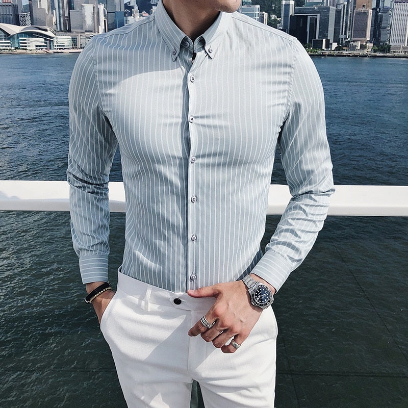 Basic Pinstripe Business Men Long Sleeves Shirt - FanFreakz