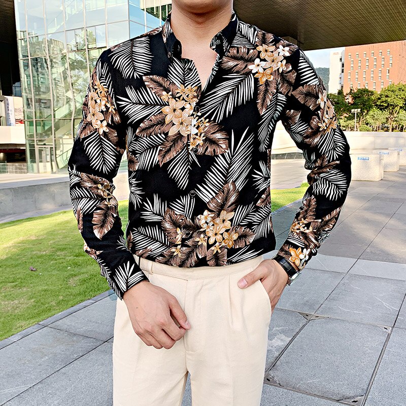 Tropical Floral Prints Men Buttoned Long Sleeve Shirt