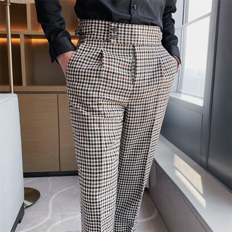 British Casual Double Button Plaid Trousers