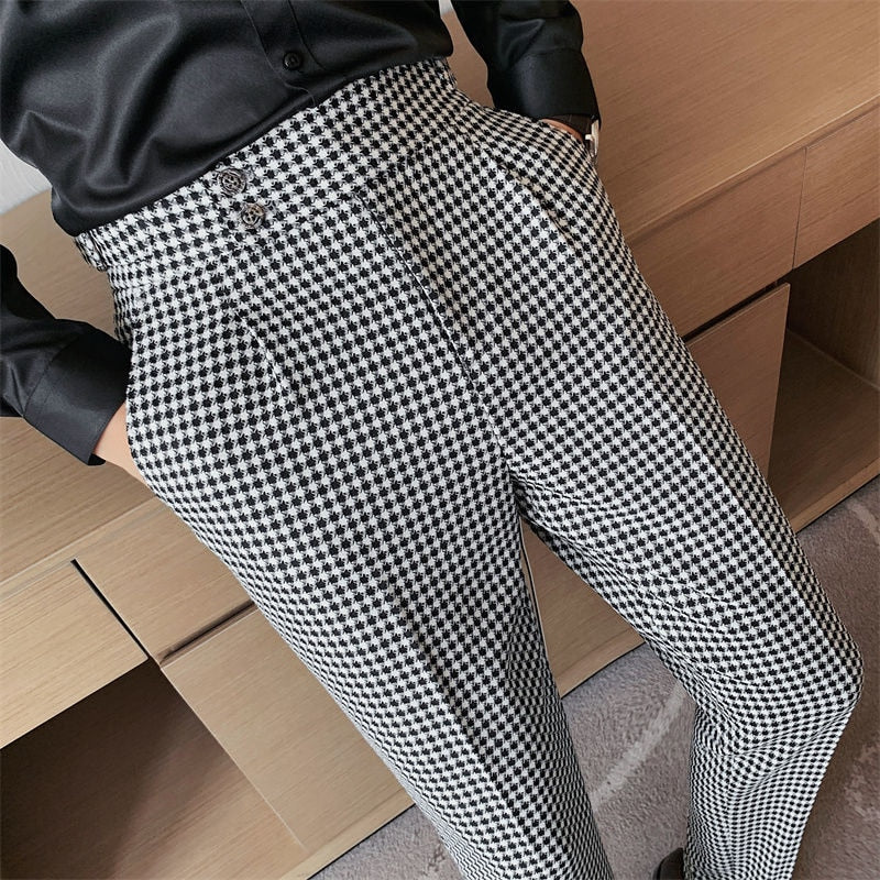 British Casual Double Button Plaid Trousers