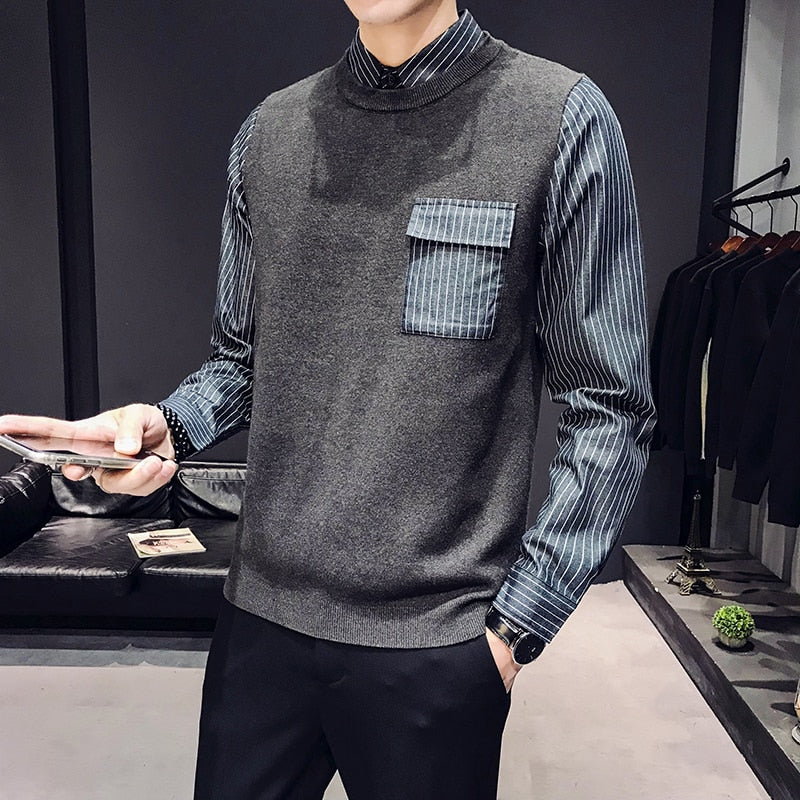 British Style Fake Two Pieces Casual Men Pullover Shirt