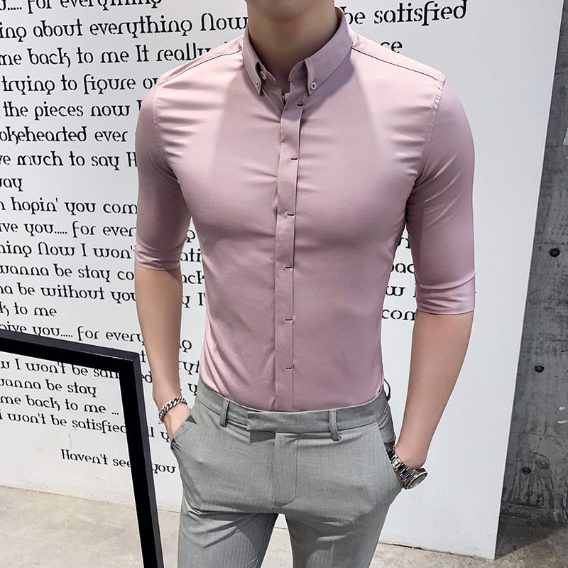 Pastel Colors Men Hidden Buttons Slim Fit Shirt