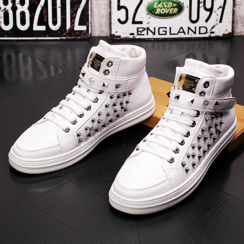 Black and White Casual Rivets Lace Up Men High Top Sneaker - FanFreakz