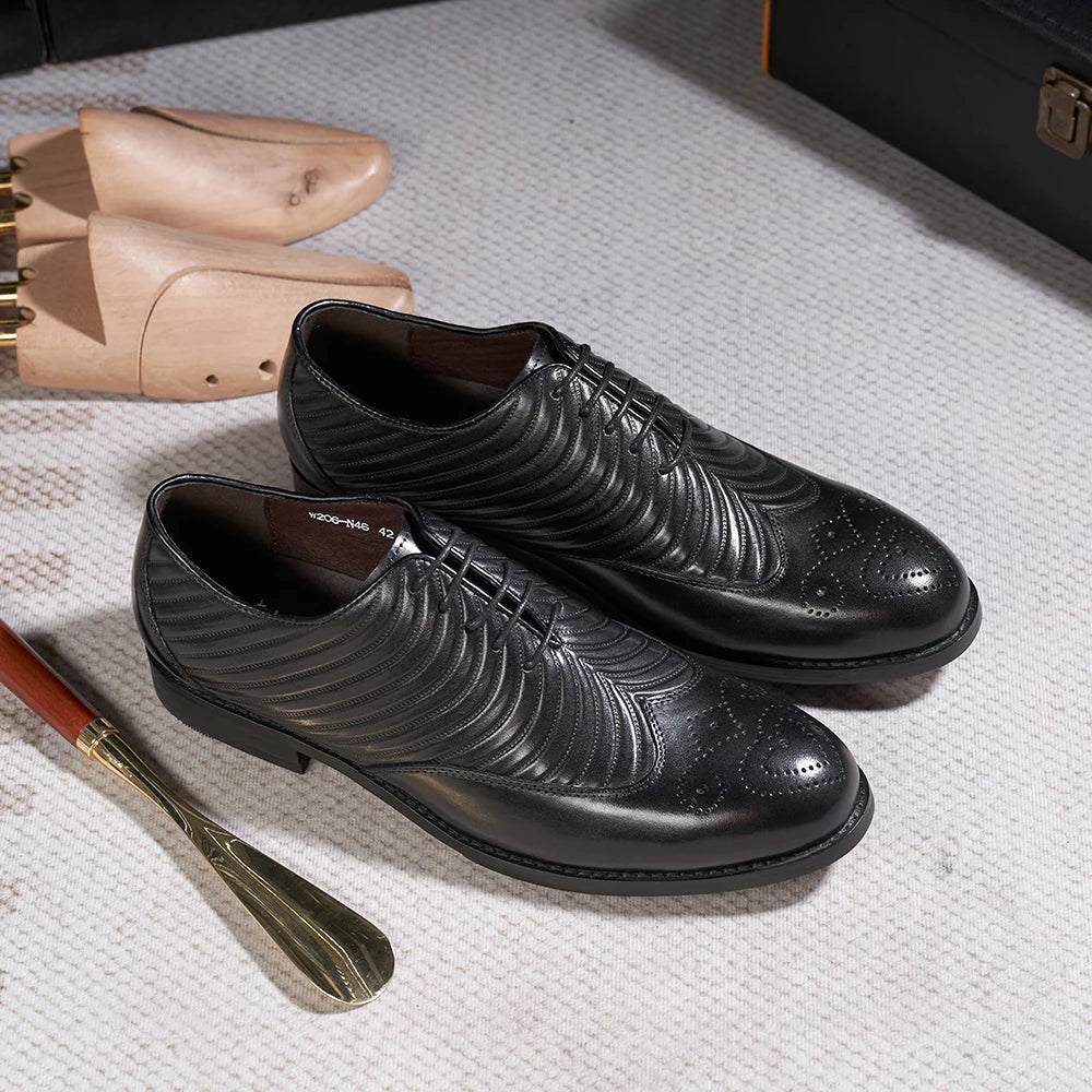 Genuine Leather Striped Brogue Shoes