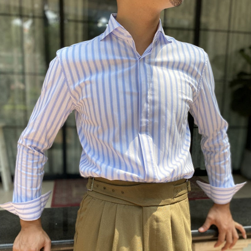 White Based Vertical Stripes Casual Dress Shirt