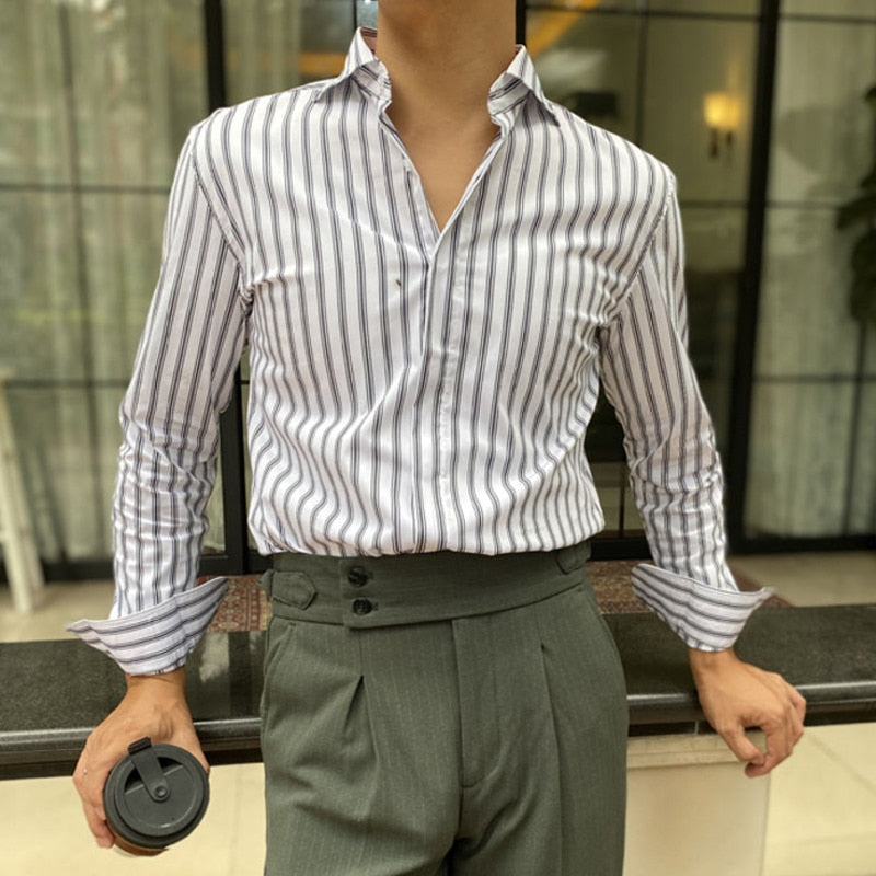 White Based Vertical Stripes Casual Dress Shirt