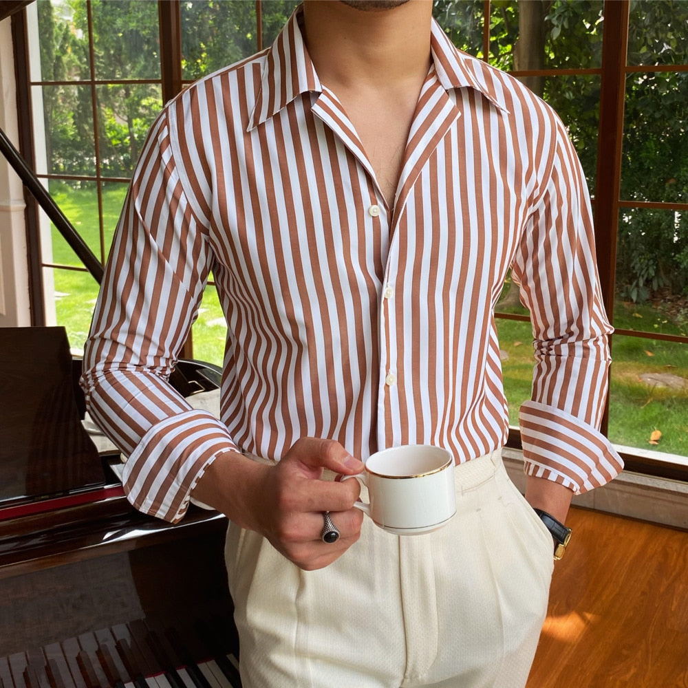 Cuban Collar Vertical White Stripes Decorated Shirt