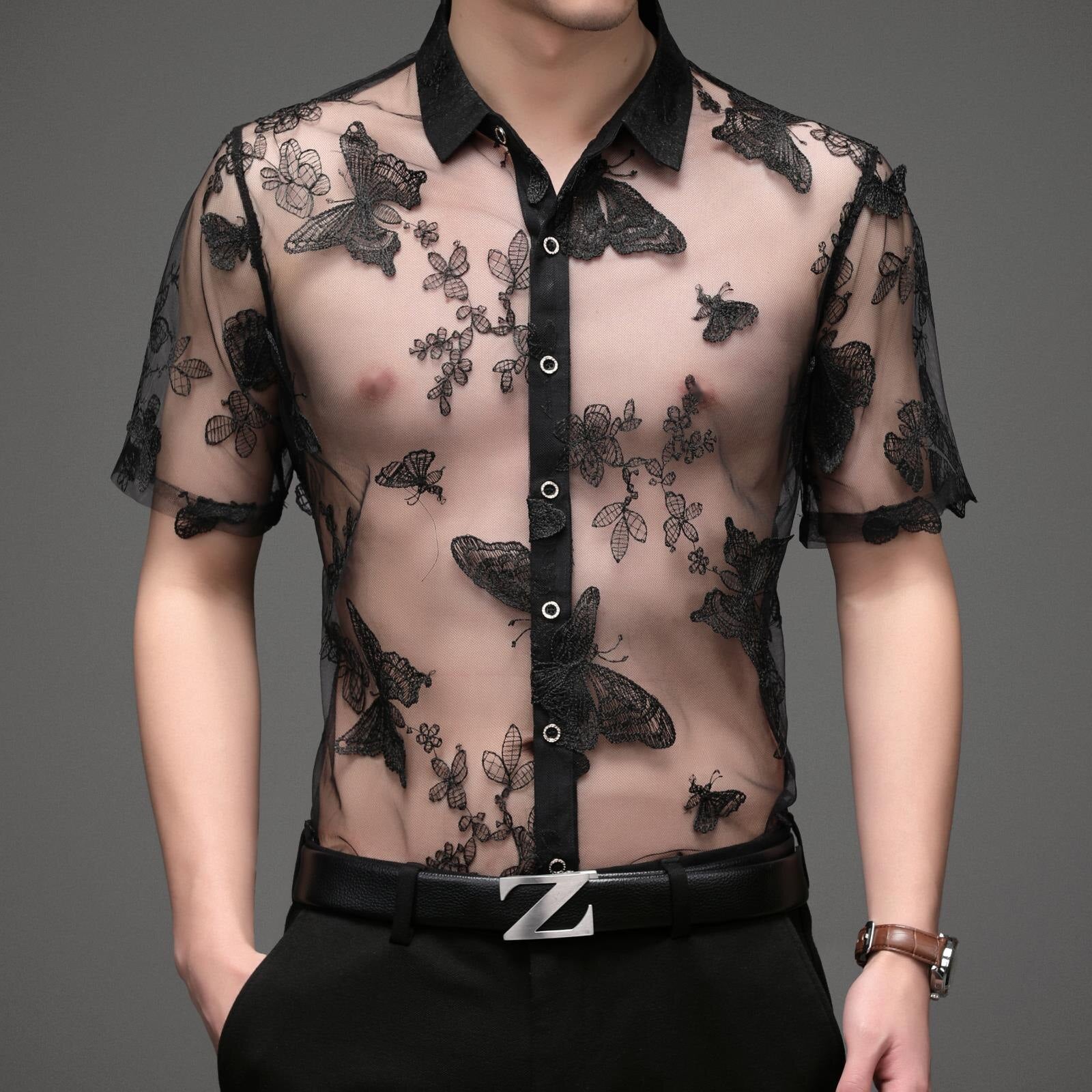 Butterfly Embroidery See-Through Shirts