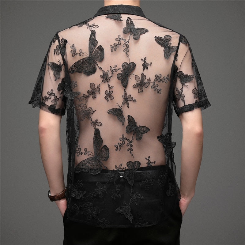 Butterfly Embroidery See-Through Shirts