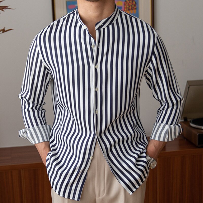 Stripes Stand Collar Long Sleeve Shirt