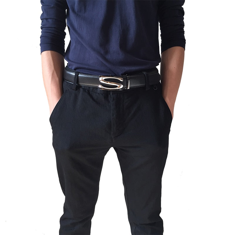 Automatic S Pattern Metal Buckle Cowhide Strap Design Men Belt