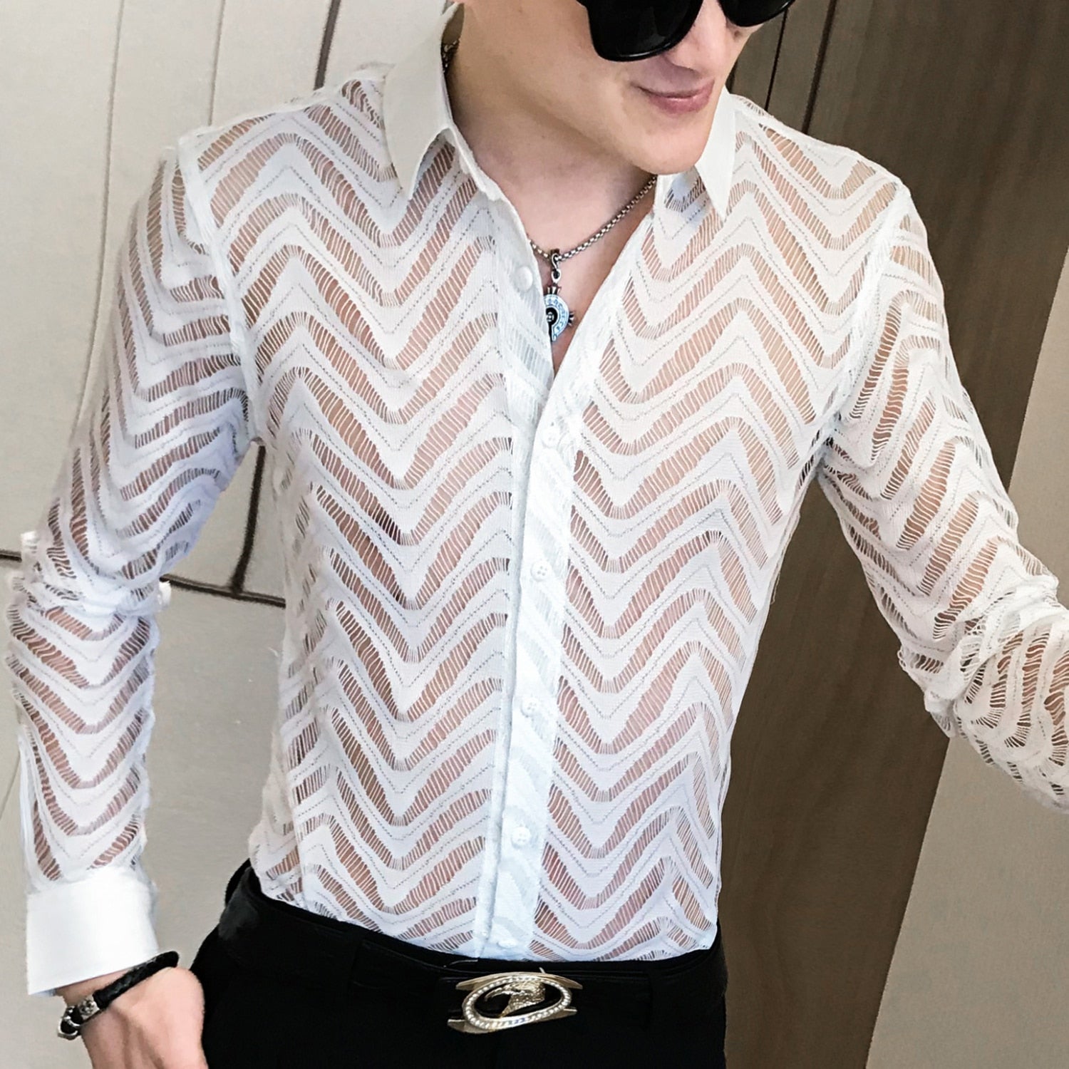 Stitch Wave Stripe Sexy See Through Style Men Shirts