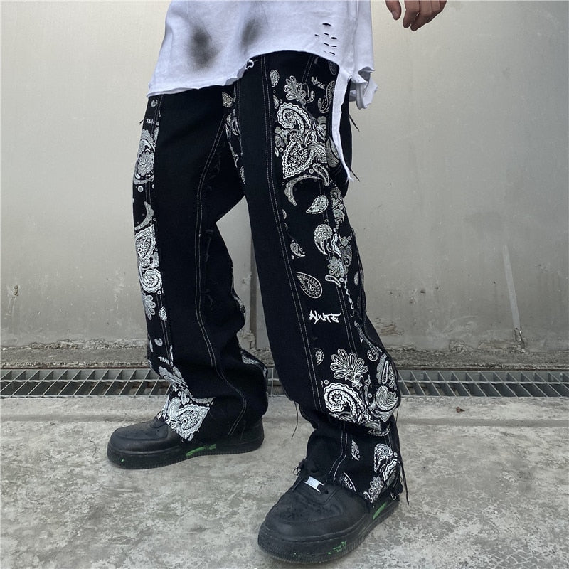 Floral Printed Loose Straight Jeans