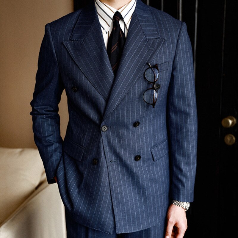 Double Breasted Striped Lapel Collar Blazer