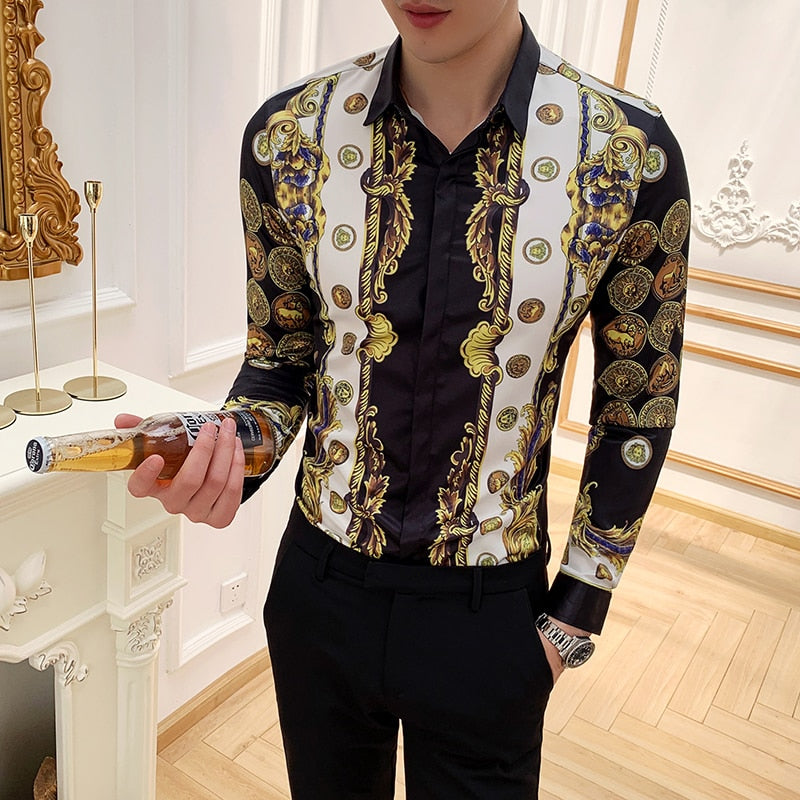 Vintage Gold Print Long Sleeve Formal Style Men Shirts