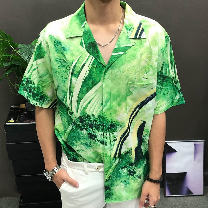 Green Printed Loose Short Sleeve Shirt