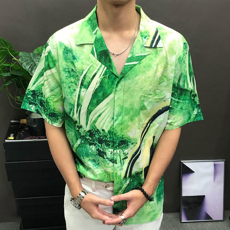 Green Printed Loose Short Sleeve Shirt