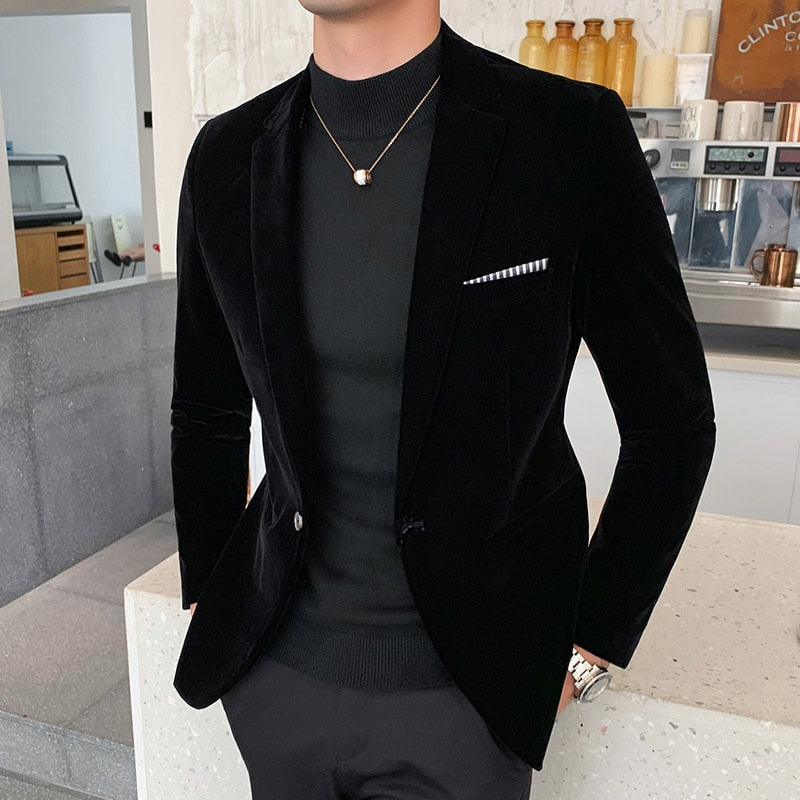 Single Button Solid Color Men Velvet Blazer