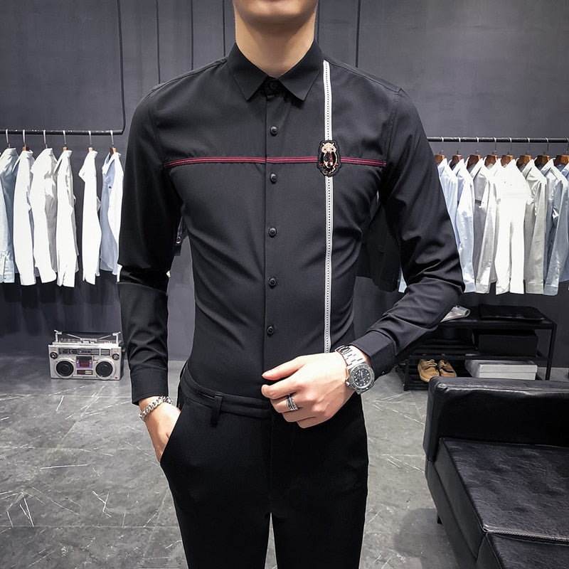 Solid with Ribbon Design Long Sleeve Slim Fit Style Men Shirts