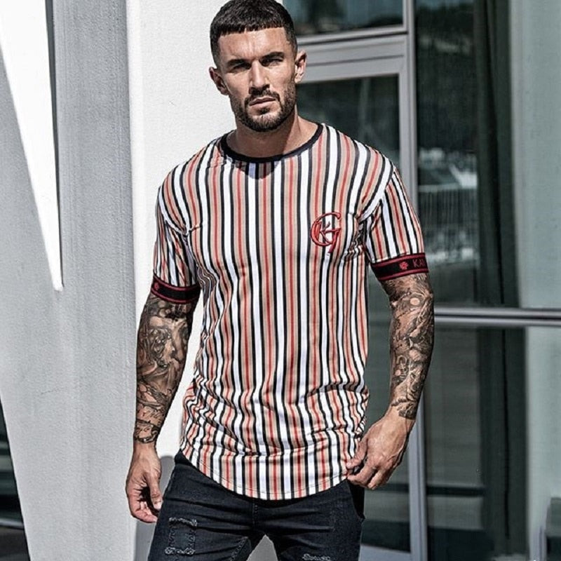 Stripes and Classic Gold Printed Stretch Men T-shirt