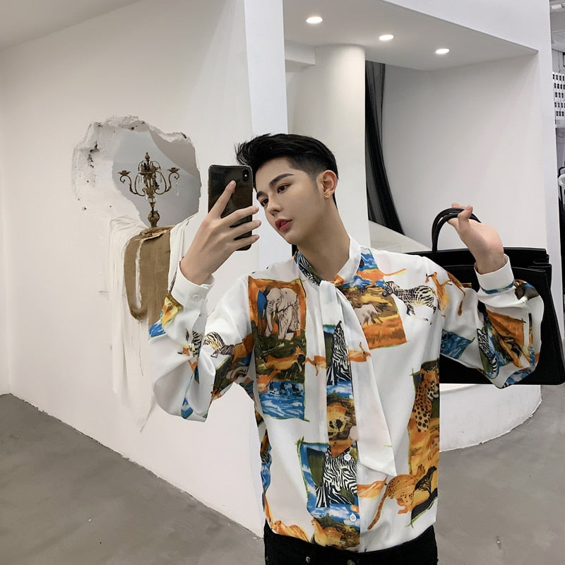 Vintage in Animal Pattern and Bow Tie Detail Men Long Sleeve Shirt