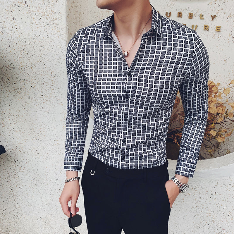 Korean Plaid Print Casual Men Long Sleeve Shirts