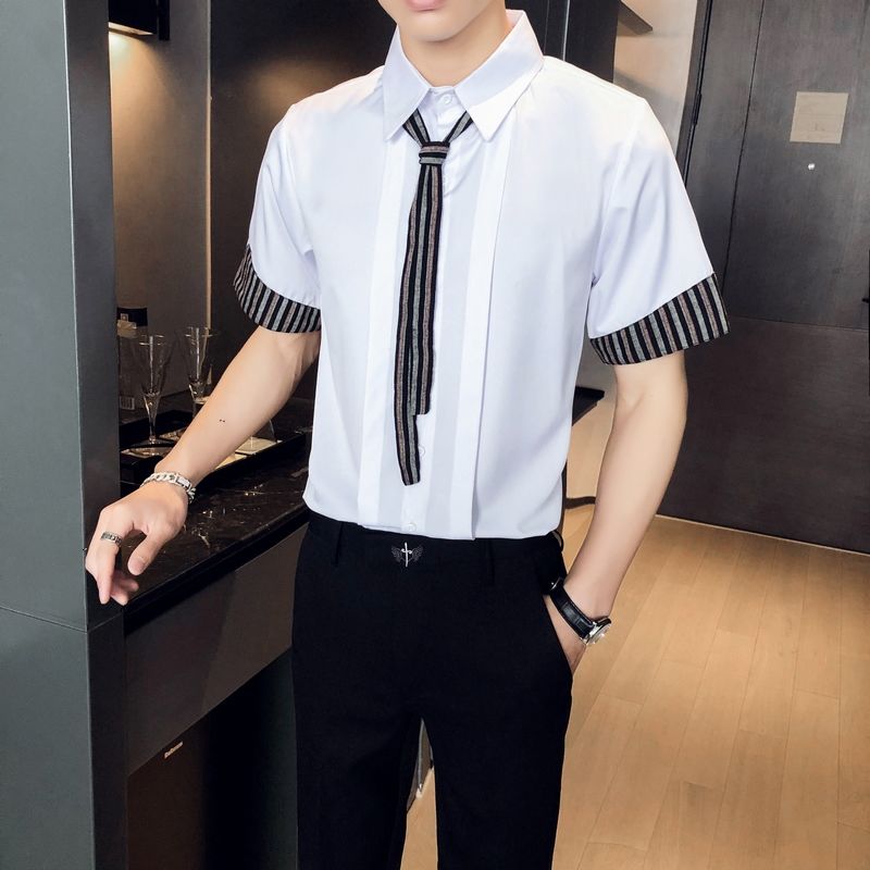 Vertical Lines With Tie Short Sleeve Shirt