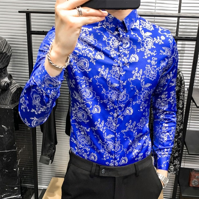 Contrast Color Flower Printed Long Sleeve Shirt